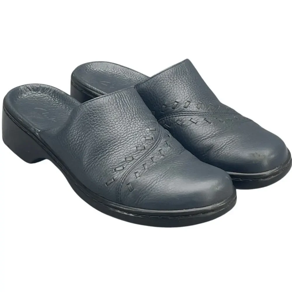 Clarks Navy Blue Leather Slip On Comfort Slide Clog Mule Shoe Women 8M